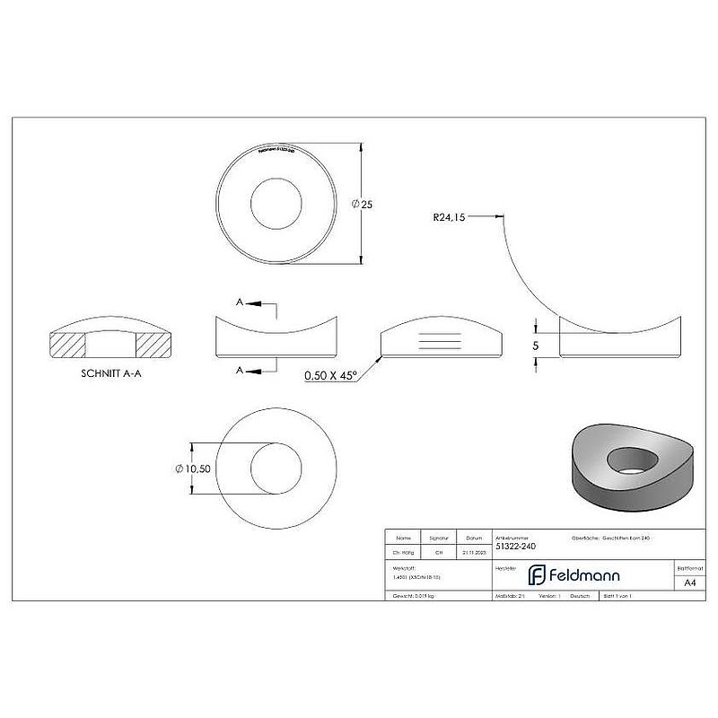 Ausgleichsstück für Rohr 48,3mm, Ø 25mm, V2A