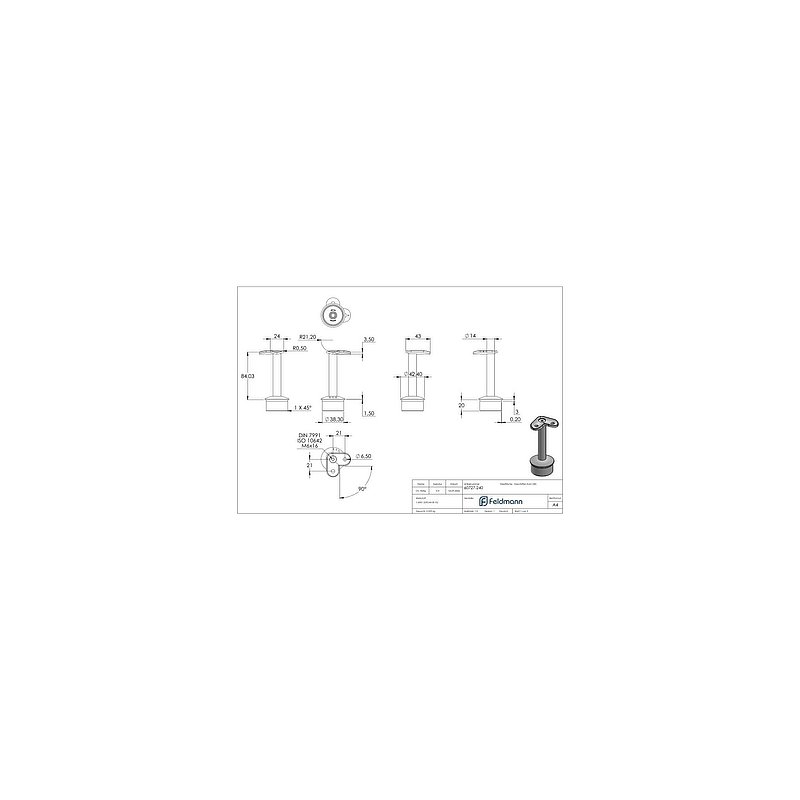 Tube end plug for tube 42.4x2.0mm, handrail connection plate: 42.4mm, AISI304