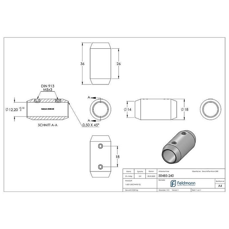Bar connector for 12mm round, L: 36mm, Ø 18mm, AISI304