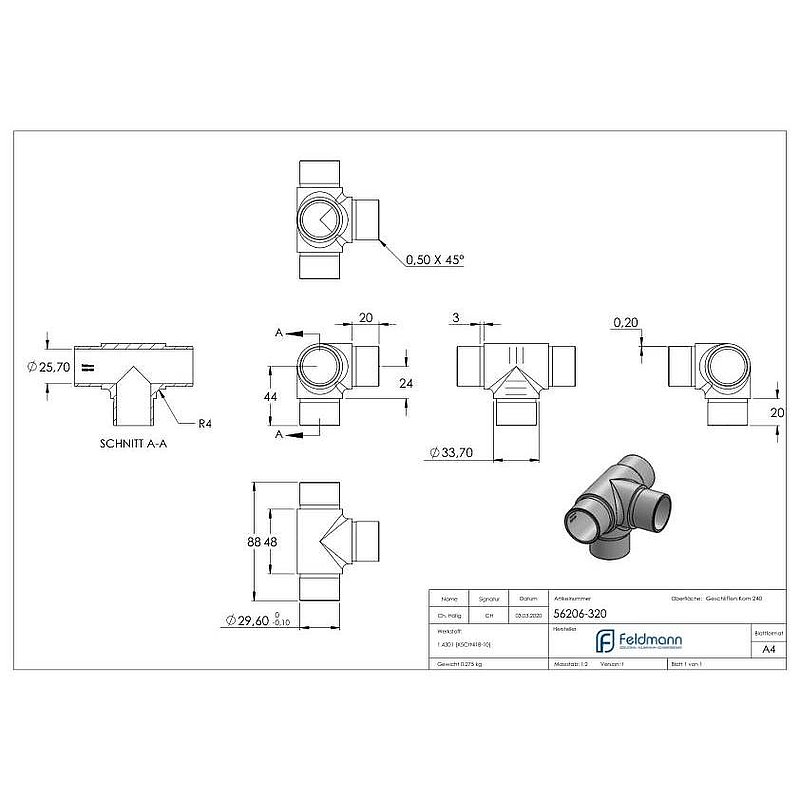 T-piece with lateral outlet, for tube 33.7x2.0mm, AISI304