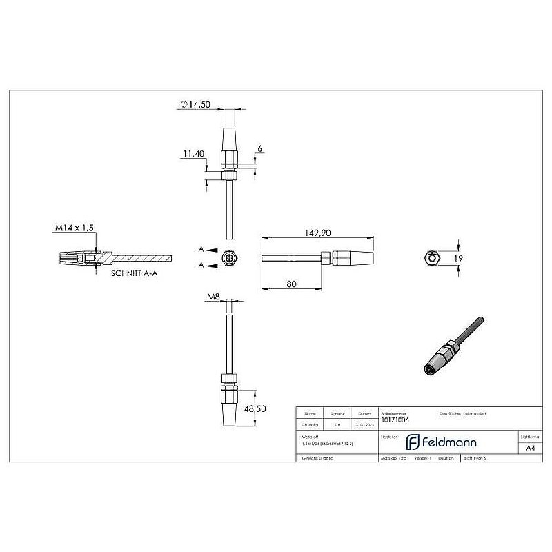 Gewindeterminal zur Selbstmontage für Seil Ø 6mm und Gewinde M8, V4A