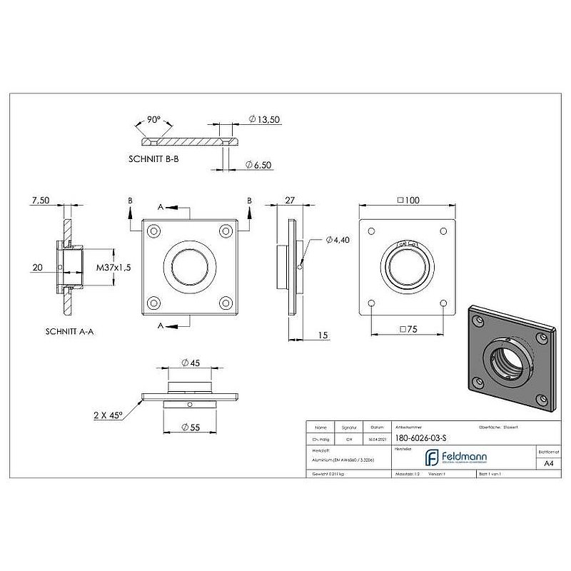 Montageplatte quadratisch 100x100mm