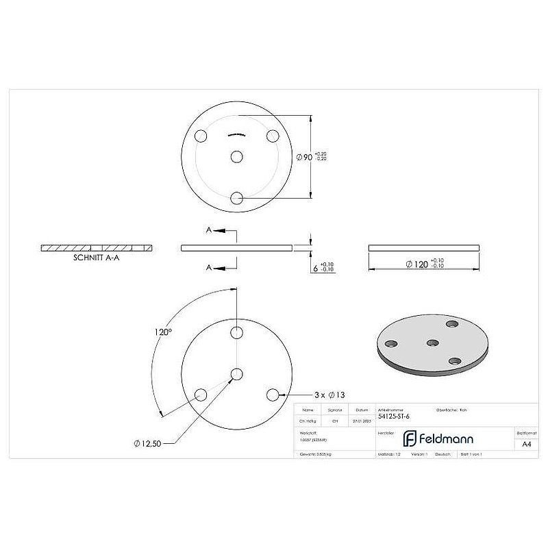 plaque d'ancrage Ø 120 x 6mm, avec 3 trous Ø 13mm et perforation centrale Ø 12,5mm, acier brut