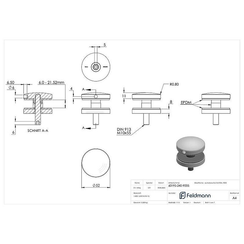 Point de fixation 52mm, jonction: droite, V2A, revêtu par poudre en RAL 9005 noir mat
