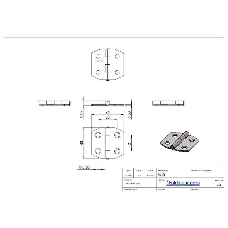 Edelstahl-Scharnier 40x42mm mit festem Zapfen