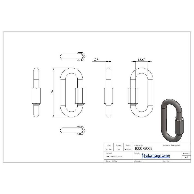 Screw connector 8mm, AISI316
