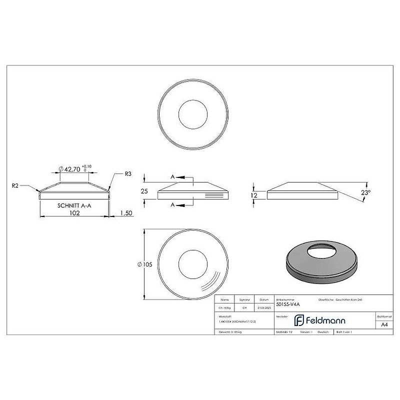 cover rosette conical, 105x25mm, with 43mm hole, AISI316