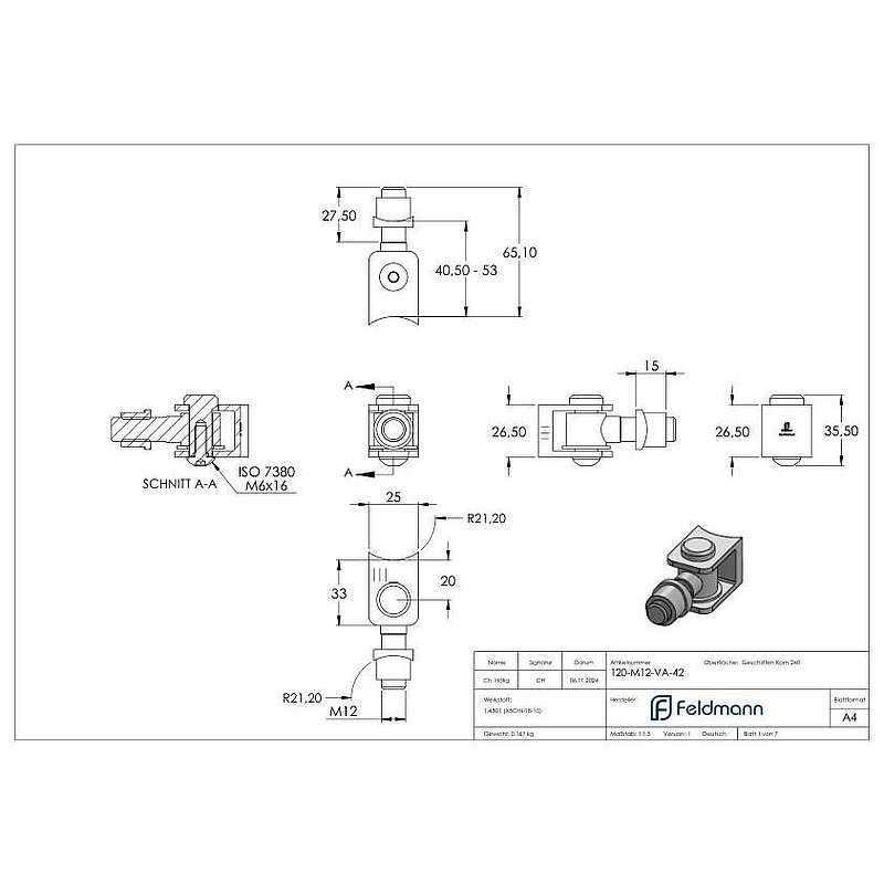 Door hinge withthreaded sleeve M12 and for pipe 42,4mm, AISI304
