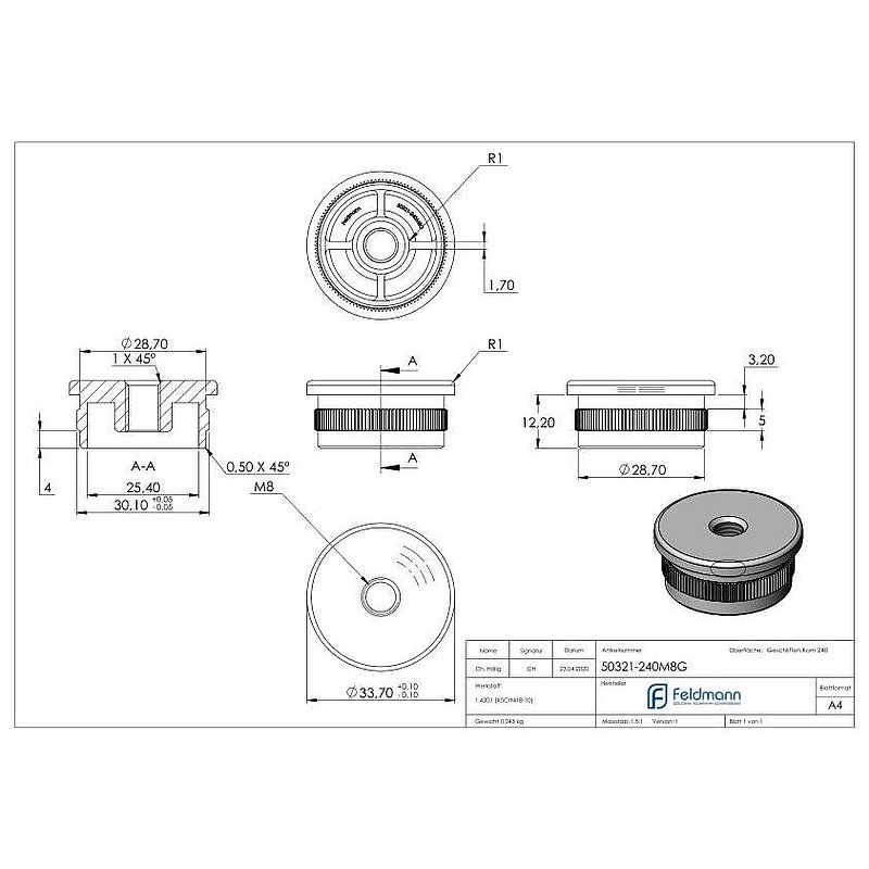 Tube end plug, for tube 33.7x2.0mm, AISI304
