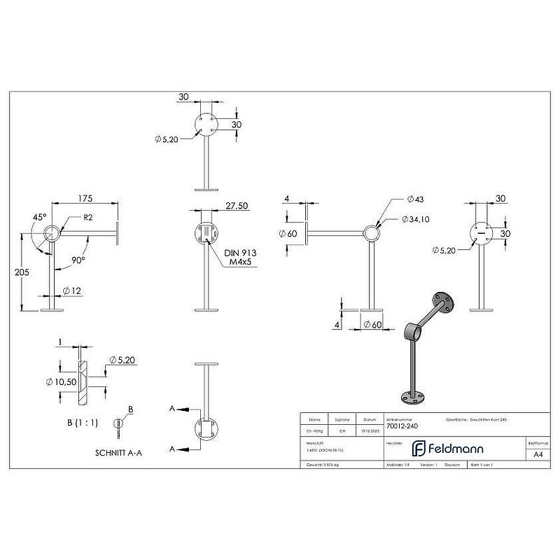Footrail support, for tube 33.7mm, AISI304
