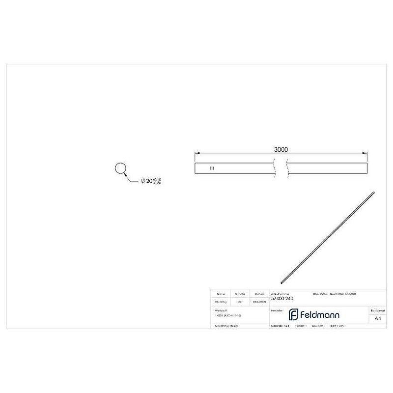 Barre ronde acier inoxydable, Ø 20mm, L: 3000mm, V2A