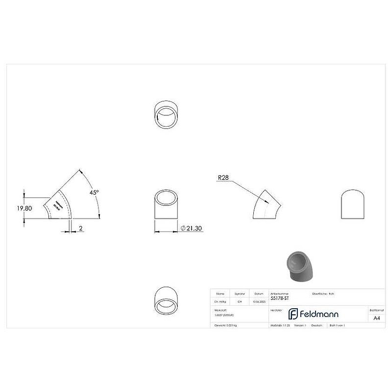 Schweißbogen 45°, 21,3 x 2,0mm, Bauart 3