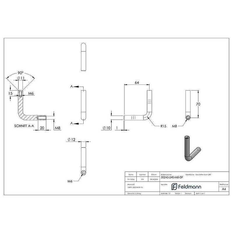 Bracket Ø 12mm, 90° bent, AISI304