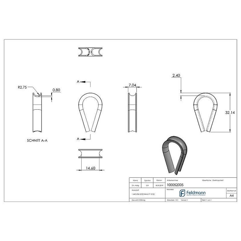 Cosse coeur pour câble 5mm, V4A
