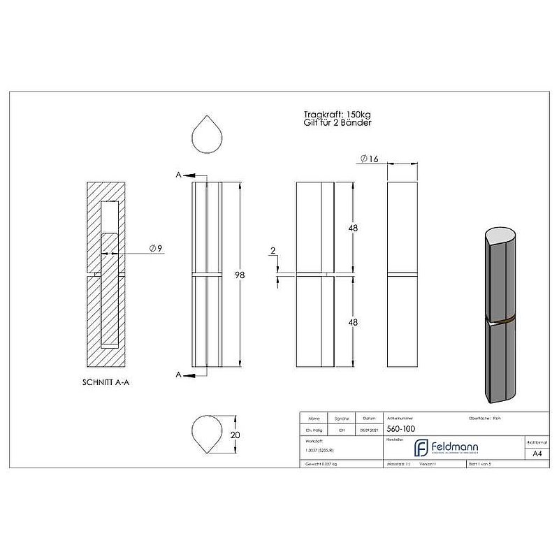 Weld-on hinge, 2-part