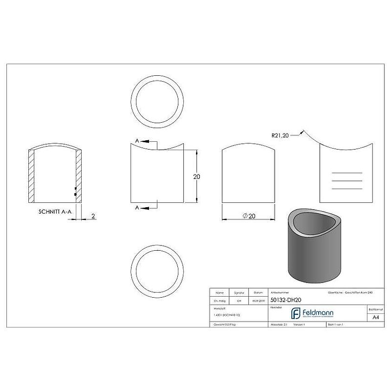 Spacer sleeve, L: 20mm, for 42.4mm, AISI304