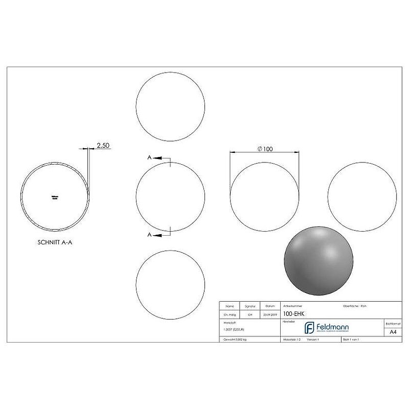 Eisenhohlkugel Ø 100x2,0 - 2,5mm