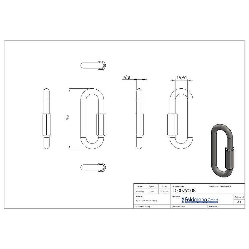 Maillon rapide long, 8mm, V4A