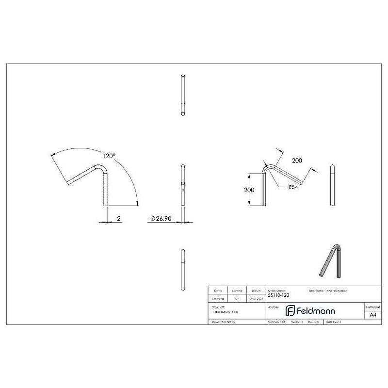 Tube bend 120°, made of 26.9x2.0 mm tube, AISI304