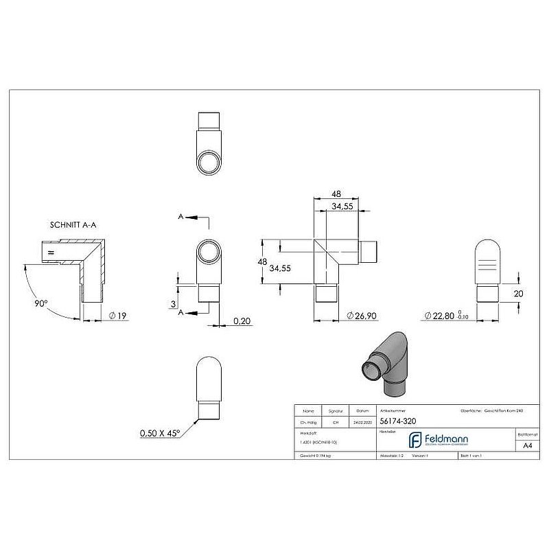 Eckstück 90°, für Rohr 26,9x2,0mm, V2A