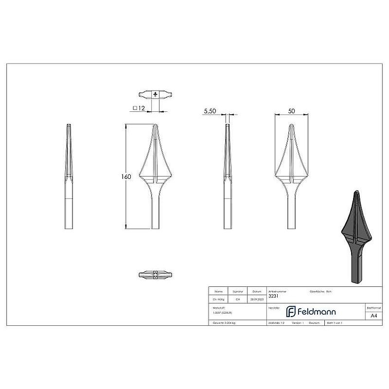 Zaunspitze mit Ansatz 12x12mm, HxB: 180x60mm