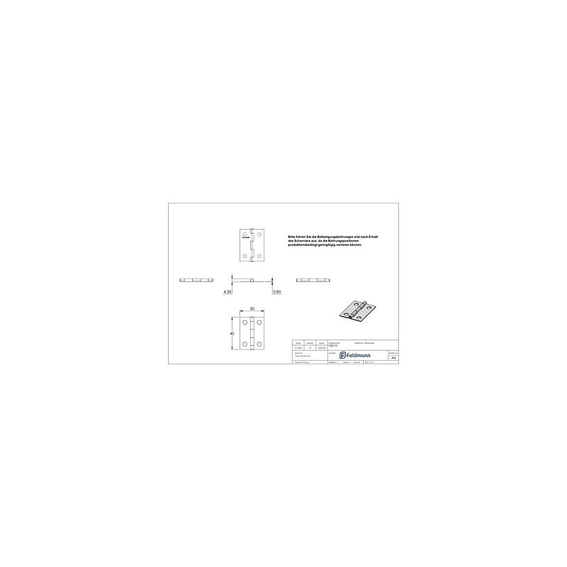 Stainless steel hinge 40x30mm with fixed pin