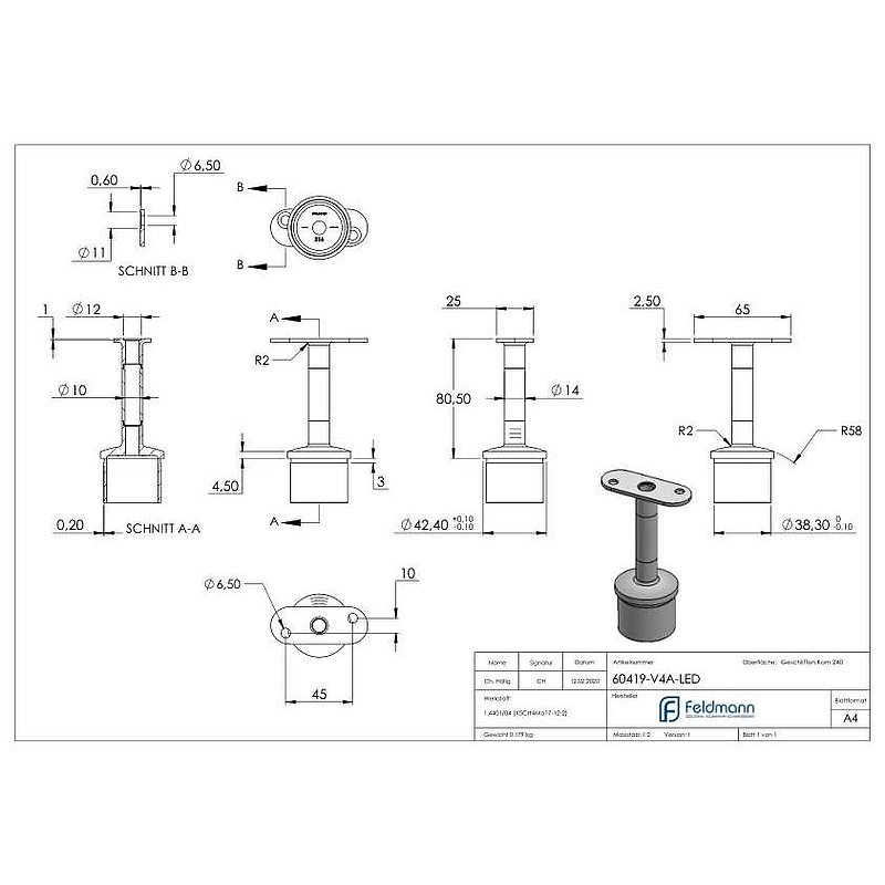Tube end plug with pin for LED handrail, AISI316