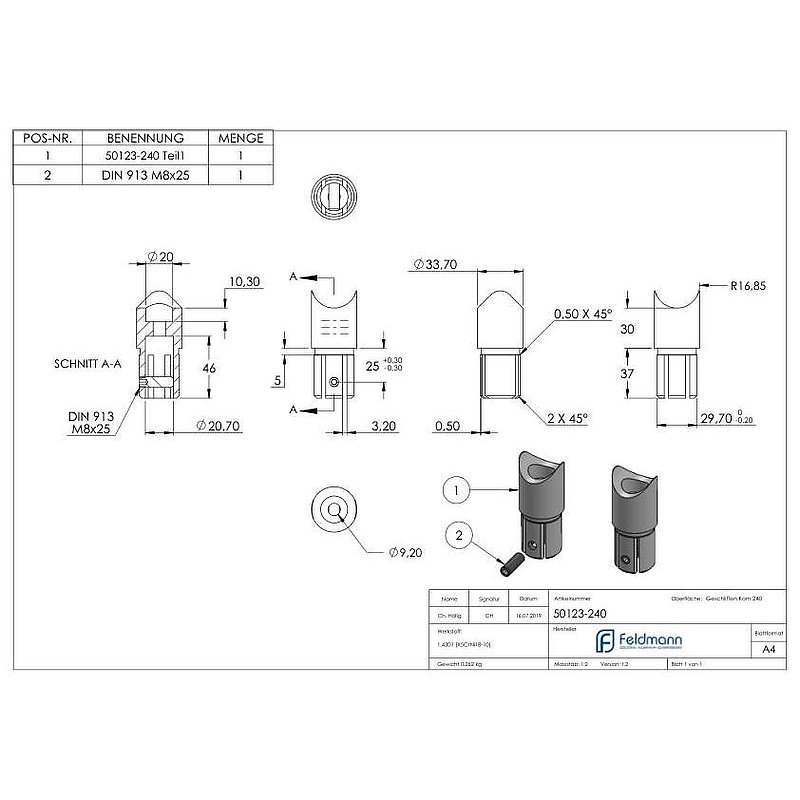 Anschlussstück 90°, Anschluss oben: 33,7mm, V2A