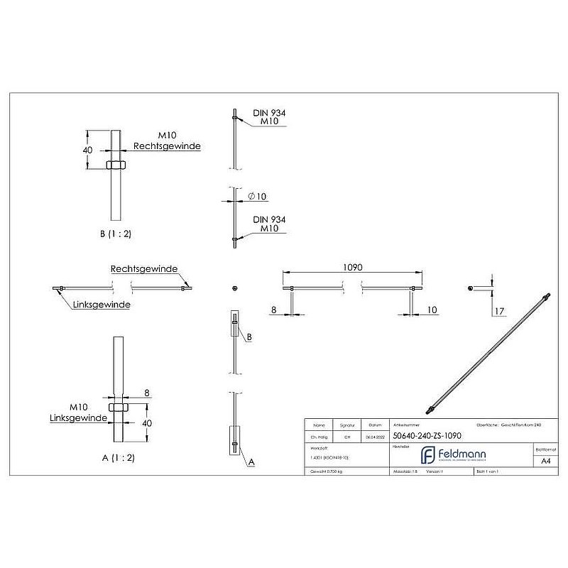 Zugstange zu Vordachsystem mit L: 1,09m, V2A