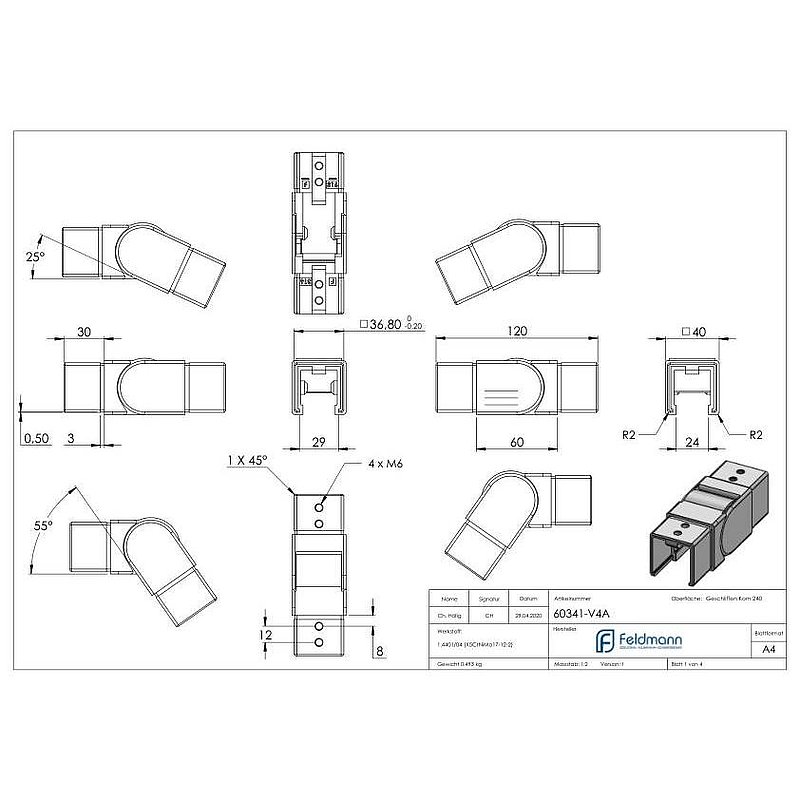 Flexible connector for 40x40mm square groove, AISI316
