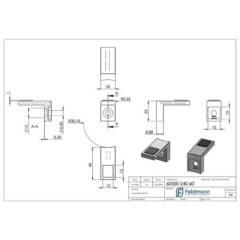 Support inférieur de verre pour jonction 60,3mm, V2A