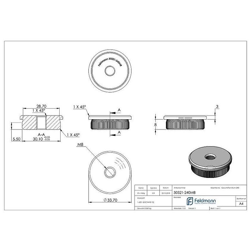 Bouchon pour extrémité de tube, pour tube 33,7x2,0mm, V2A