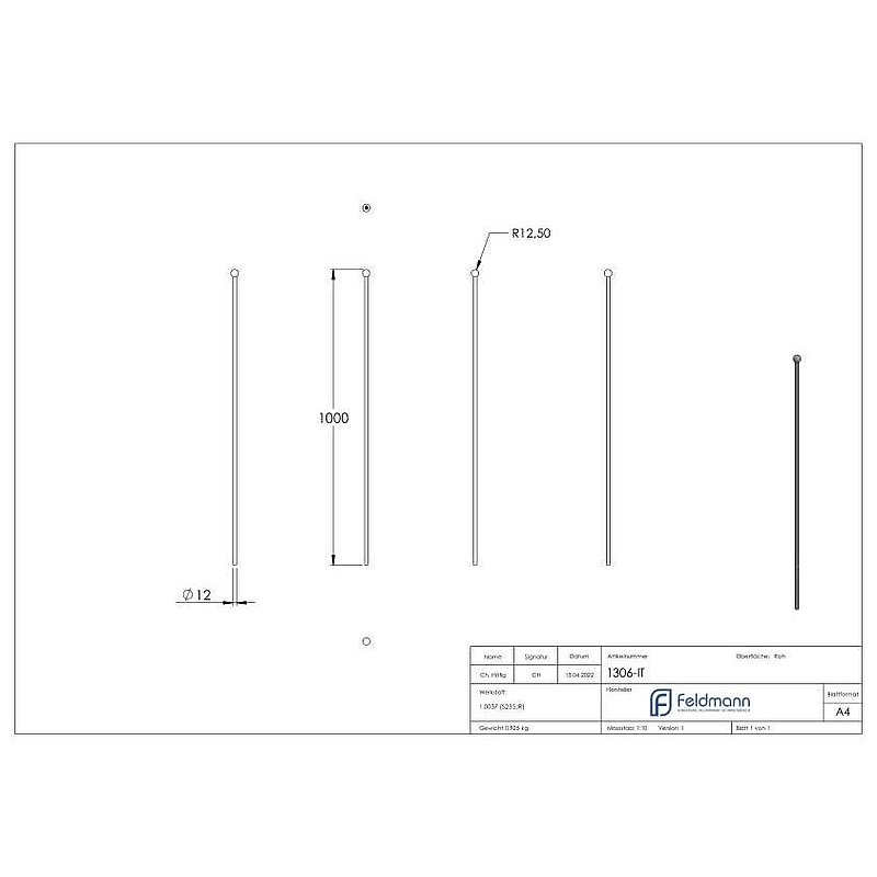 Zaunstab Ø 12mm, H: 1000mm, Kugel 25mm