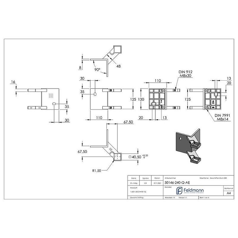Fixation murale 90° pour coin extérieur 40x40mm, V2A