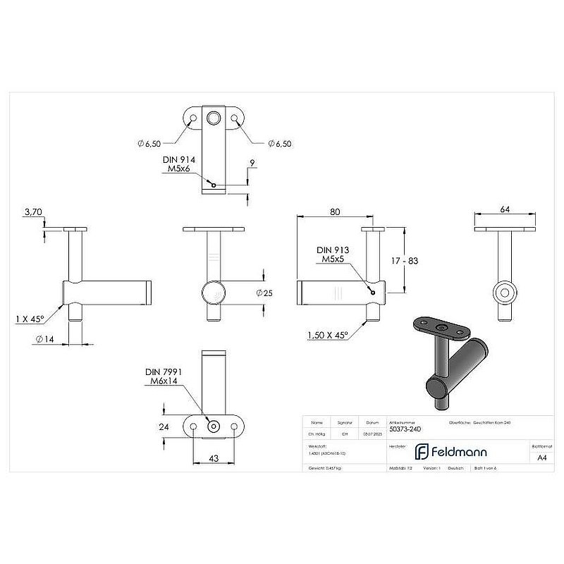 Handlaufhalter mit Handlaufanschlussplatte flach, V2A