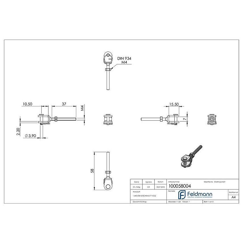 Fork terminal with external thread M4 right, AISI316