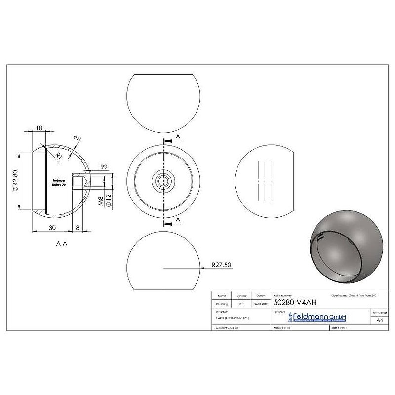 Rohrabschlusskugel hohl für 42,4mm Rohr, mit M8