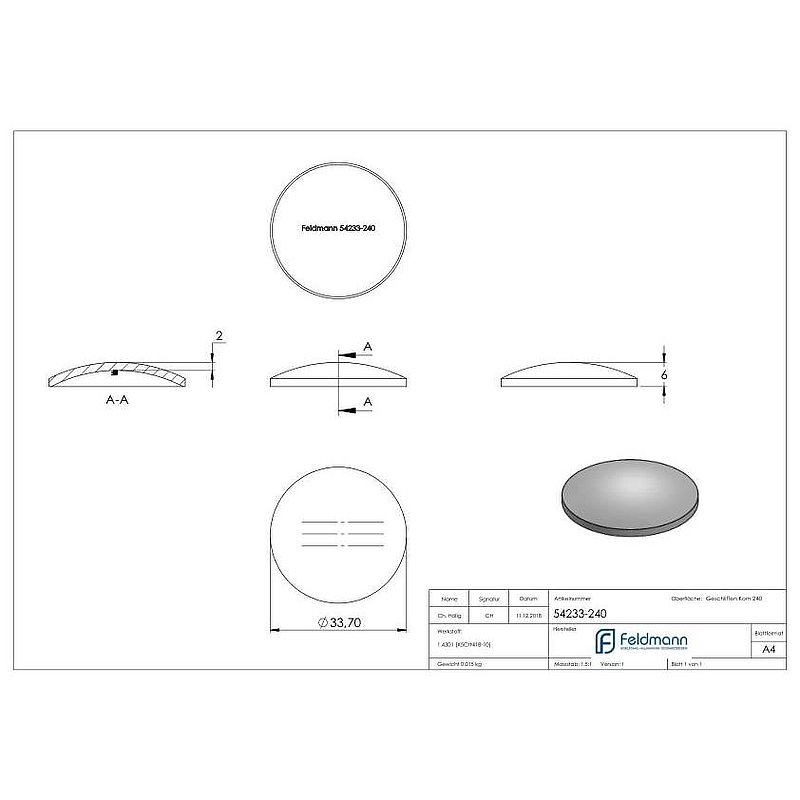 Domed bowl Ø 33.7x2.0mm, H: 6mm, AISI304