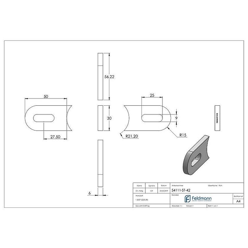 Weld-on bracket 50x30x6mm