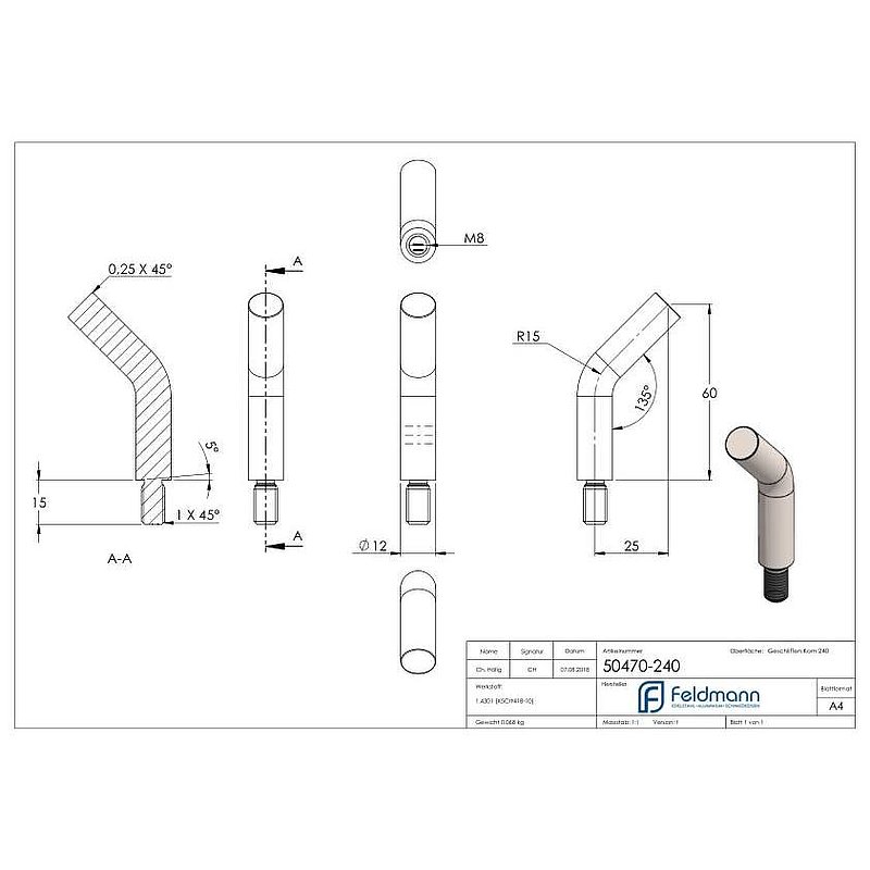 Pin Ø 12mm, L: 60mm, 135° bent, AISI304