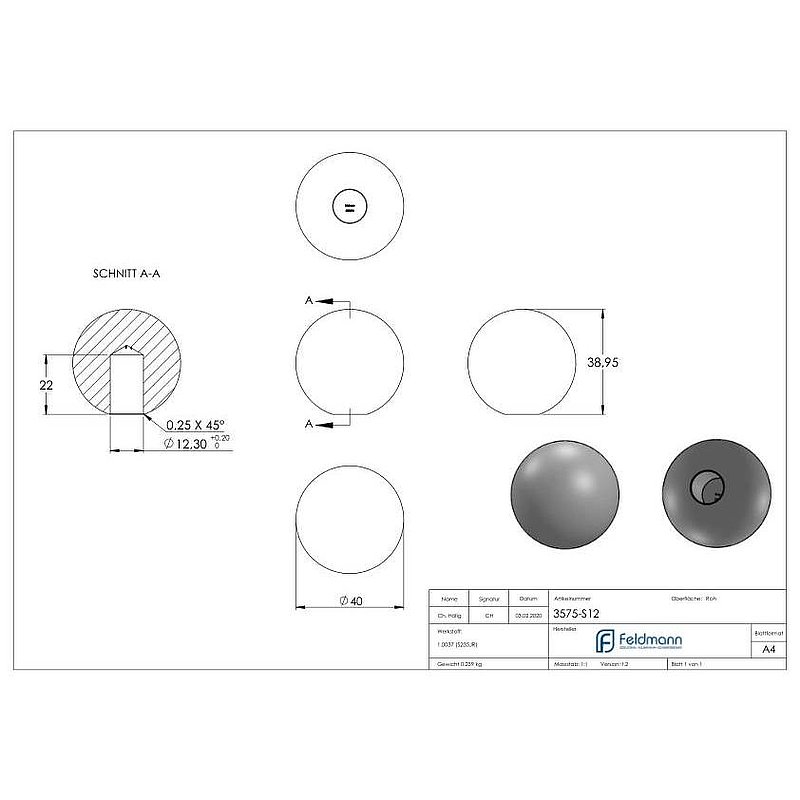 Solid ball 40mm, with blind hole 12.3mm