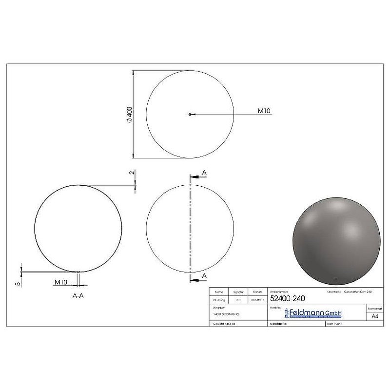 hollow ball Ø 400mm with M10 thread, AISI304