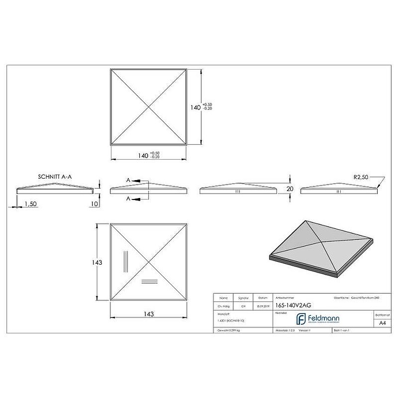 Chapeau pyramidal, pour tube carré 140x140mm, V2A