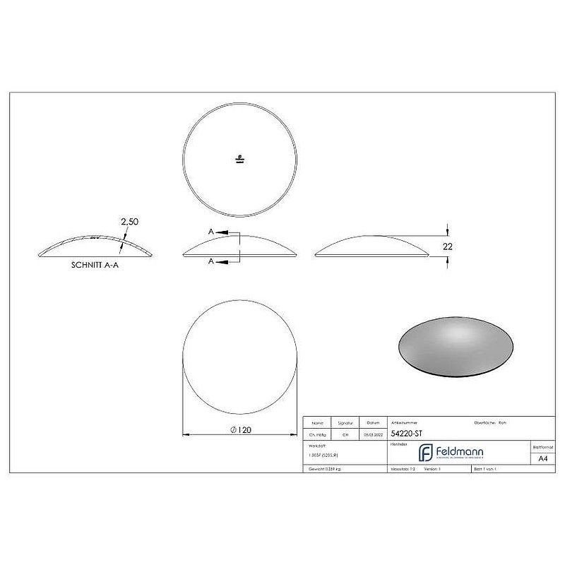 Halbrundschale 120x2,5mm, H: 22mm
