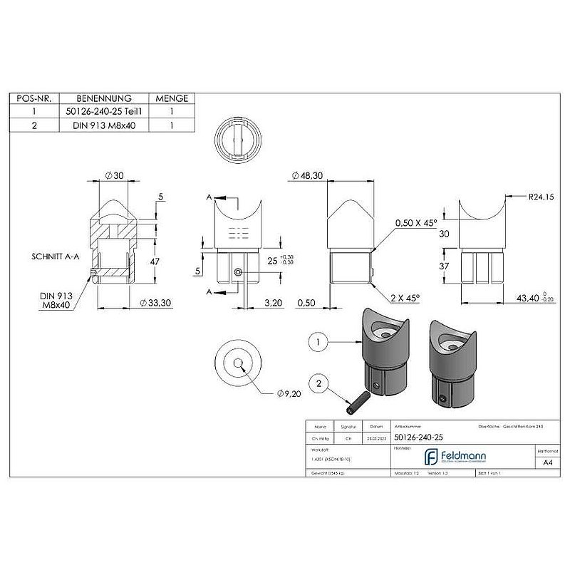 Anschlussstück 90°, Anschluss oben: 48,3mm, V2A