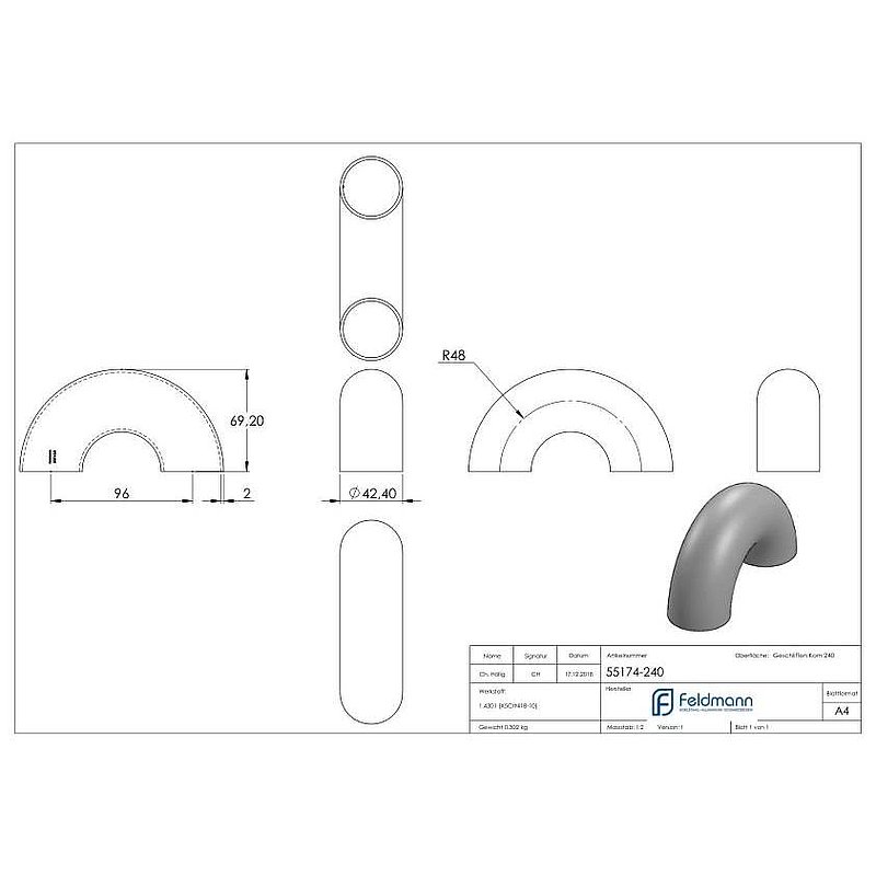 Schweißbogen 180°, 42,4x2,0mm, V2A