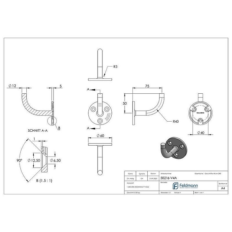 Handrail bracket for welding, (round plate and bracket welded), AISI316