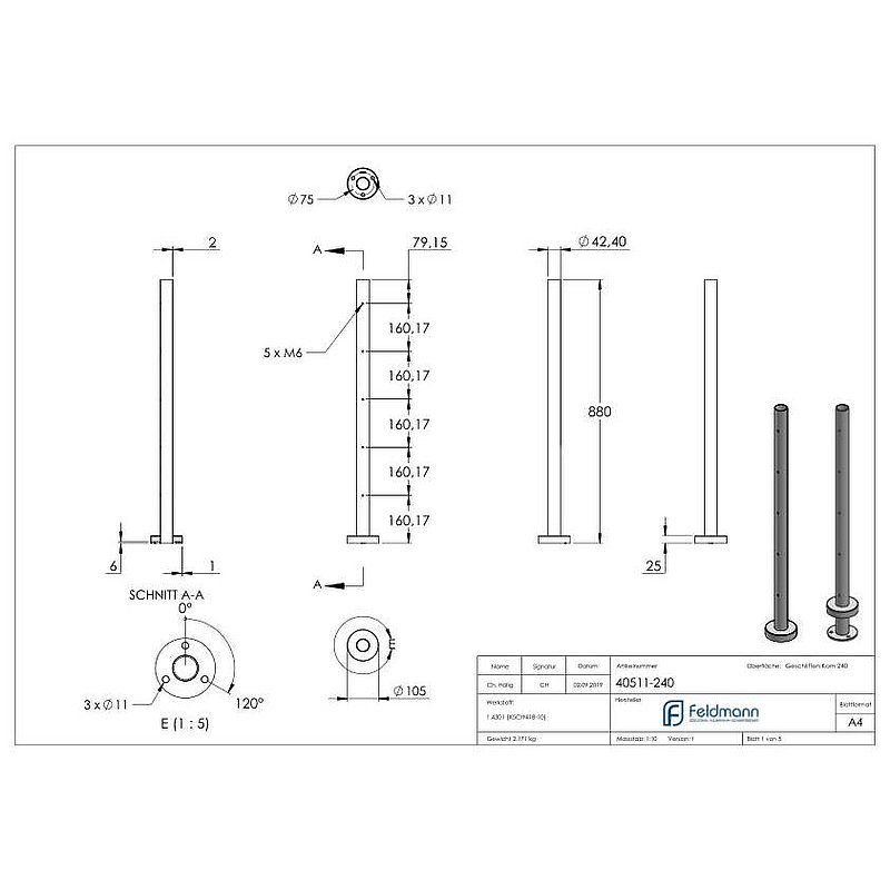 Edelstahlpfosten V2A zur Bodenmontage, H: 880mm