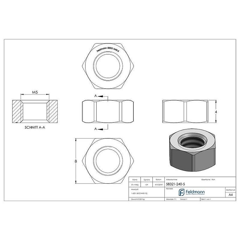 Hexagon nut M5, DIN 934, AISI304