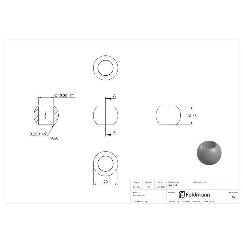 Boule pleine Ø20mm, avec trou traversant Ø12,3mm